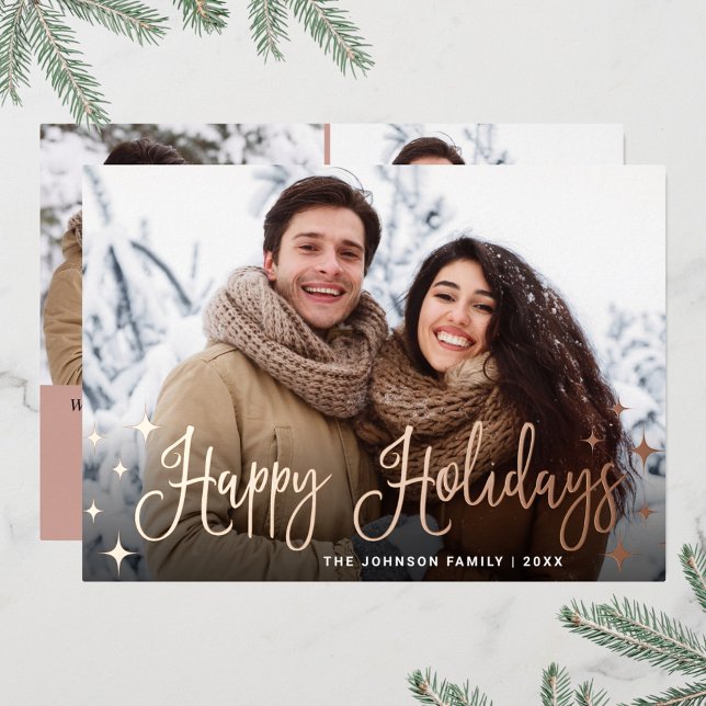 Sparkle Christmas 3 PHOTO Greeting Rose Gold Foil Holiday Card (Creator Uploaded)