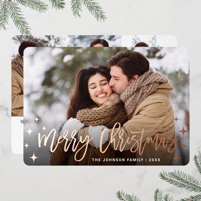 Sparkle Christmas 4 PHOTO Greeting Rose Gold Foil Holiday Card (Creator Uploaded)