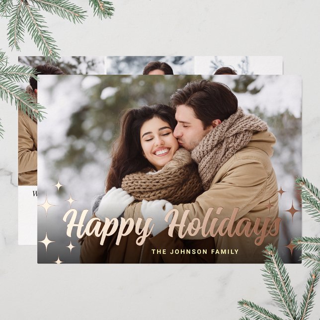 Sparkle Christmas 4 PHOTO Greeting Rose Gold Foil Holiday Card (Customizable Christmas holiday greeting photo card with real foil print.)