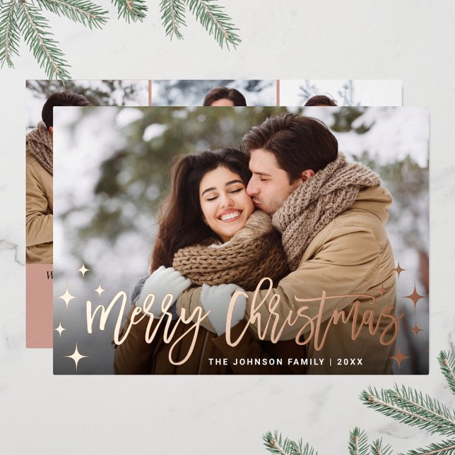 Sparkle Christmas 4 PHOTO Greeting Rose Gold Foil Holiday Card (Creator Uploaded)