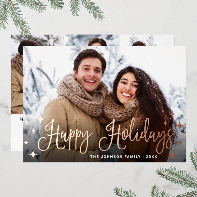 Sparkle Christmas 4 PHOTO Greeting Rose Gold Foil Holiday Card (Creator Uploaded)