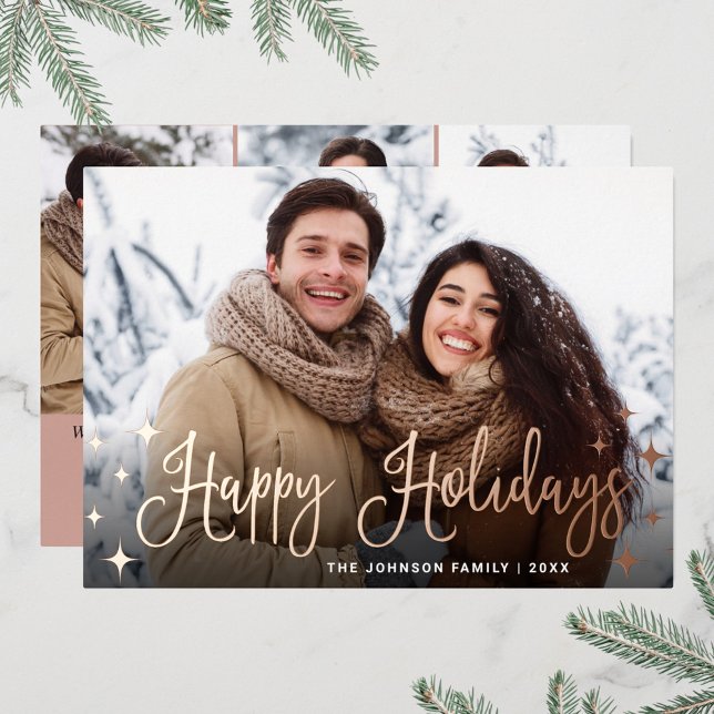 Sparkle Christmas 4 PHOTO Greeting Rose Gold Foil Holiday Card (Creator Uploaded)