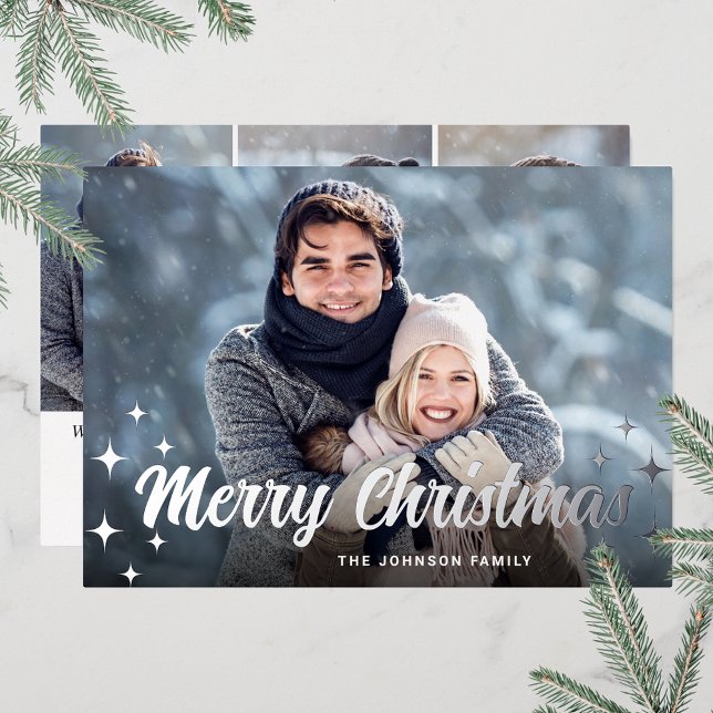 Sparkle Christmas 4 PHOTO Greeting Silver Foil Holiday Card (Customizable Christmas holiday greeting photo card with real foil print.)