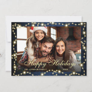 Sparkle Christmas Lights Rustic PHOTO Greeting Holiday Card