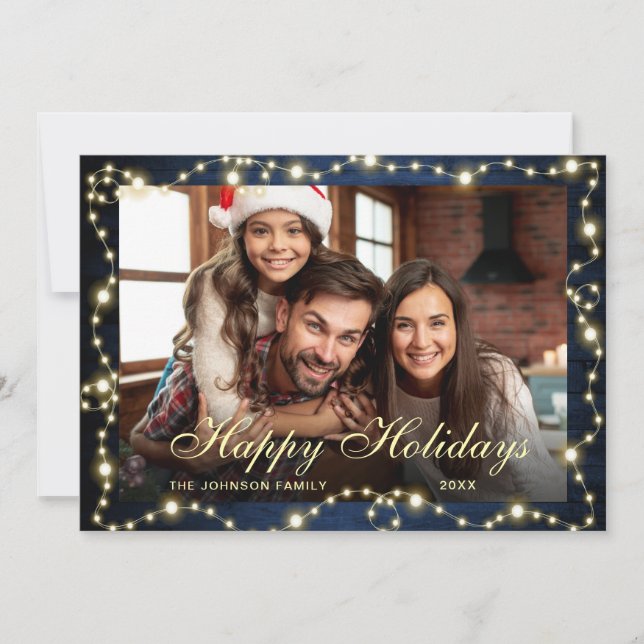 Sparkle Christmas Lights Rustic PHOTO Greeting Holiday Card (Front)