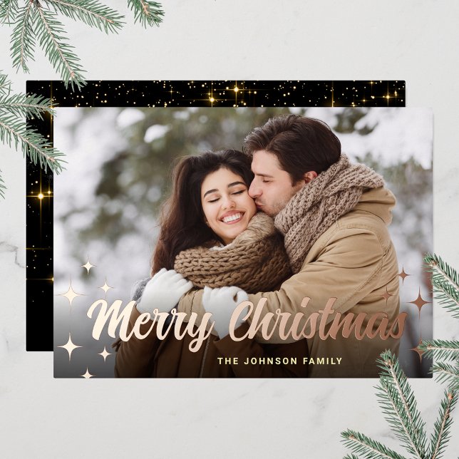 Sparkle Christmas PHOTO Greeting Rose Gold Foil Holiday Card (Customizable Christmas holiday greeting photo card with real foil print.)