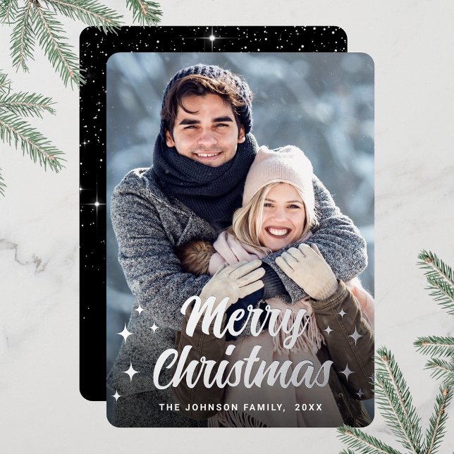 Sparkle Christmas PHOTO Greeting Silver Foil Holiday Card (Customizable Christmas holiday greeting photo card with real foil print.)