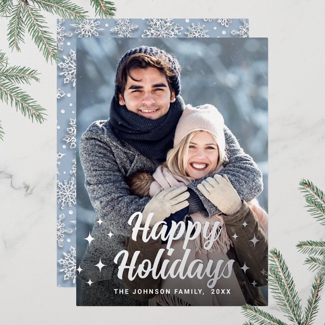 Sparkle Christmas PHOTO Greeting Silver Foil Holiday Card (Customizable Christmas holiday greeting photo card with real foil print.)