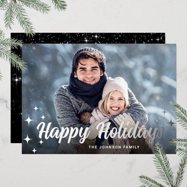 Sparkle Christmas PHOTO Greeting Silver Foil Holiday Card (Customizable Christmas holiday greeting photo card with real foil print.)