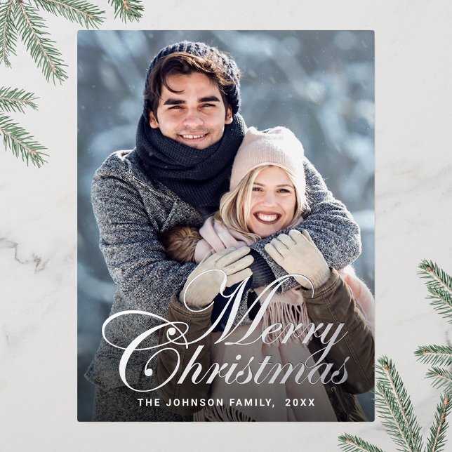 Sparkle Christmas PHOTO Greeting Silver Foil Holiday Postcard (Customizable Christmas holiday greeting photo card with real foil print.)