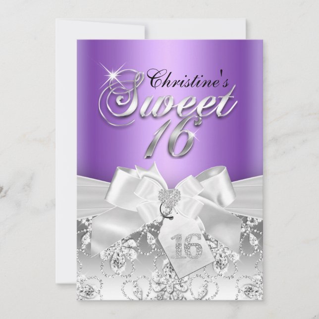 Sparkle Diamond Bow Purple Sweet 16 Invite (Front)