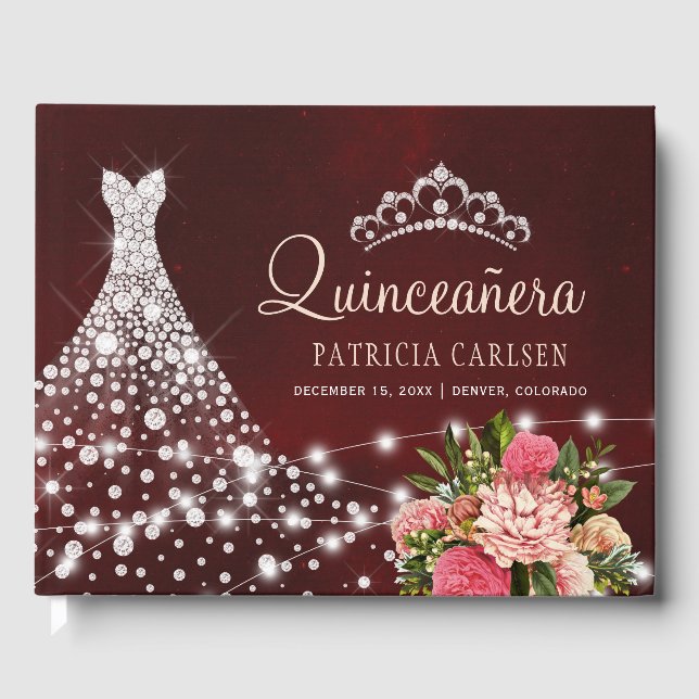 Sparkle diamond dress burgundy floral quinceanera guest book (Front)