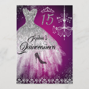 Sparkle Diamond Dress Pink Silver Quinceanera Invitation