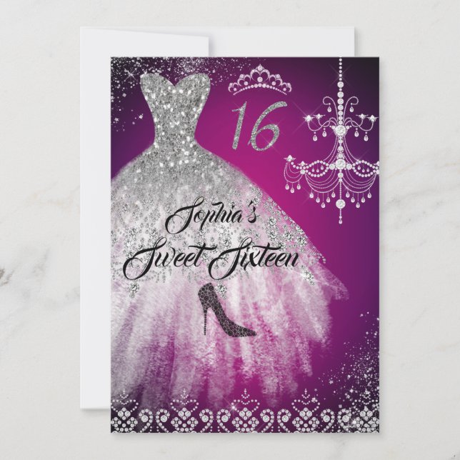 Sparkle Diamond Dress Pink Silver Sweet 16 Invitation (Front)