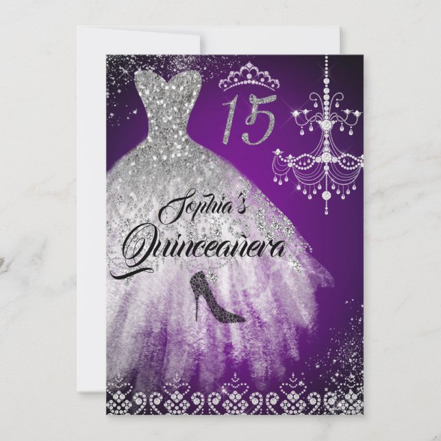Sparkle Diamond Dress Purple Silver Quinceanera Invitation (Front)