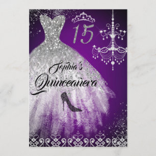 Sparkle Diamond Dress Purple Silver Quinceanera Invitation