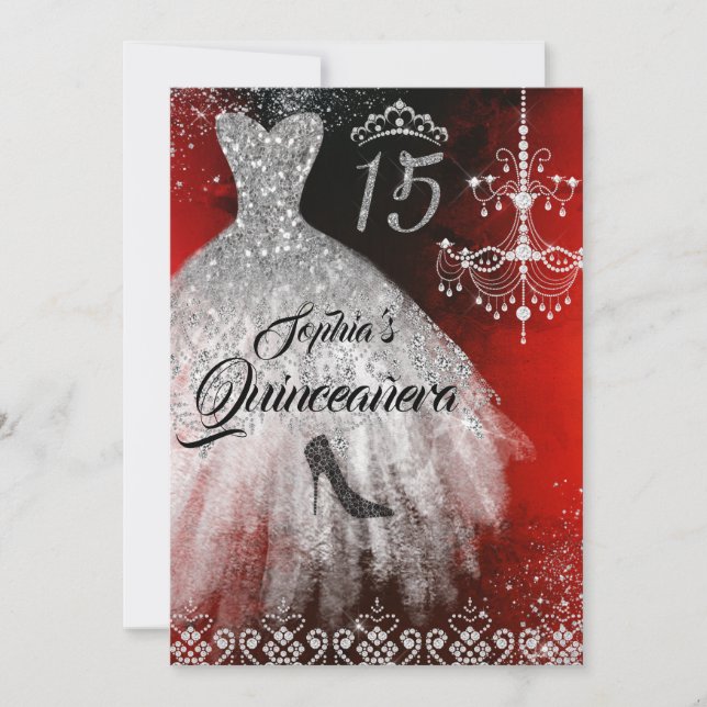Sparkle Diamond Dress Red Silver Black Quinceanera Invitation (Front)