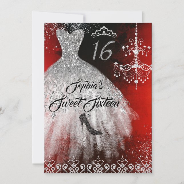Sparkle Diamond Dress Red Silver Black Sweet 16 Invitation (Front)