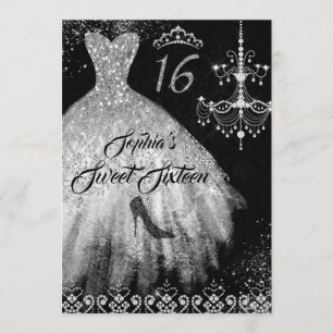 Sparkle Diamond Dress Silver Black Sweet 16 Invitation