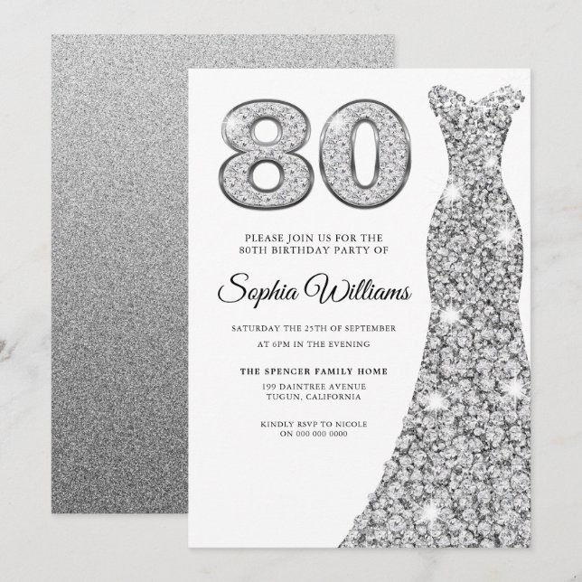 Sparkle Diamond Dress Womans 80th Birthday Party Invitation (Front/Back)
