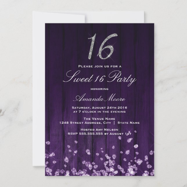 Sparkle Diamond Purple Silver Sweet 16 Invite (Front)