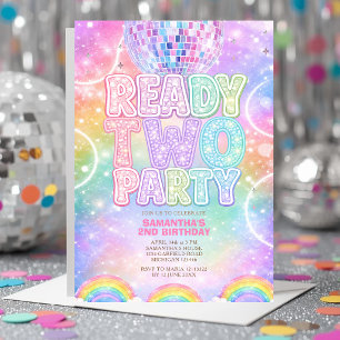 Sparkle Disco Ball Pastel Rainbow Second Birthday Invitation