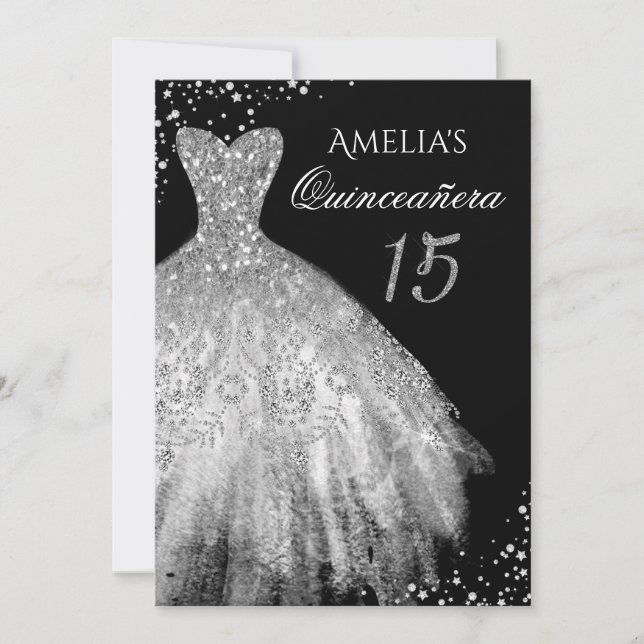 Sparkle Dress Black Silver Quinceanera Invitation (Front)