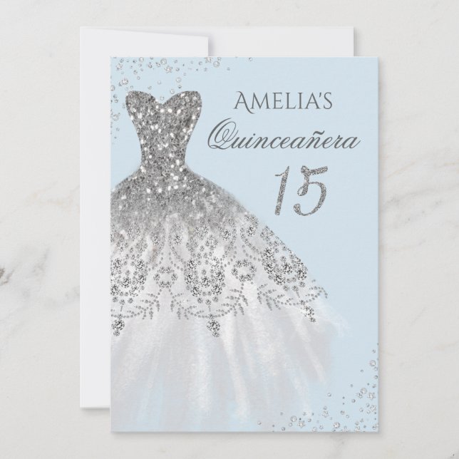 Sparkle Dress Blue Silver Quinceanera Invitation (Front)
