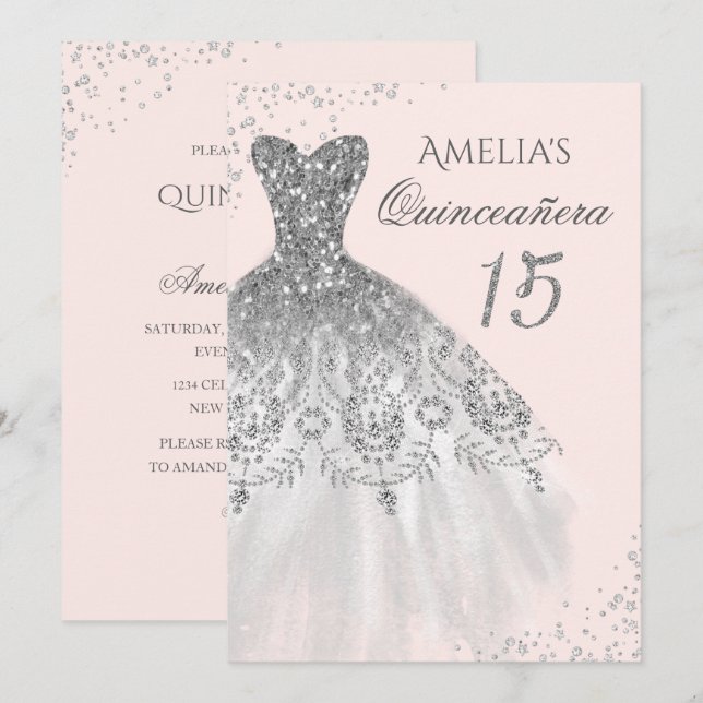 Sparkle Dress Blush Rose Gold Quinceanera Invitation (Front/Back)