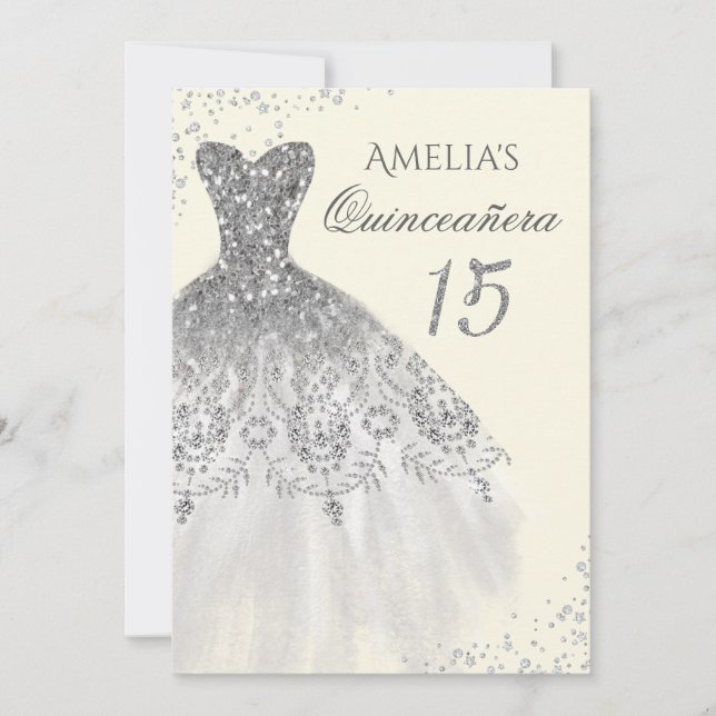 Sparkle Dress Gold Silver Quinceanera Invitation (Front)