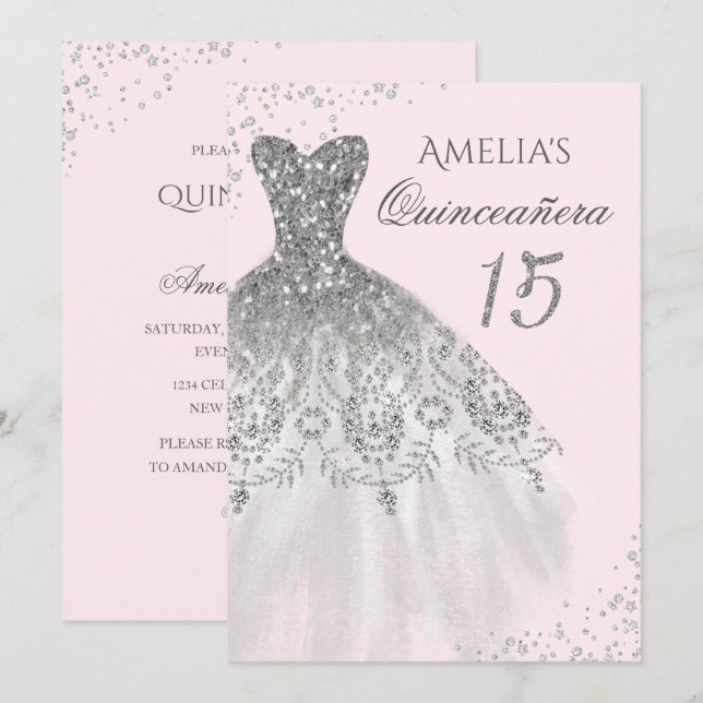 Sparkle Dress Pink Silver Quinceanera Invitation (Front/Back)