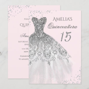 Sparkle Dress Pink Silver Quinceanera Invitation