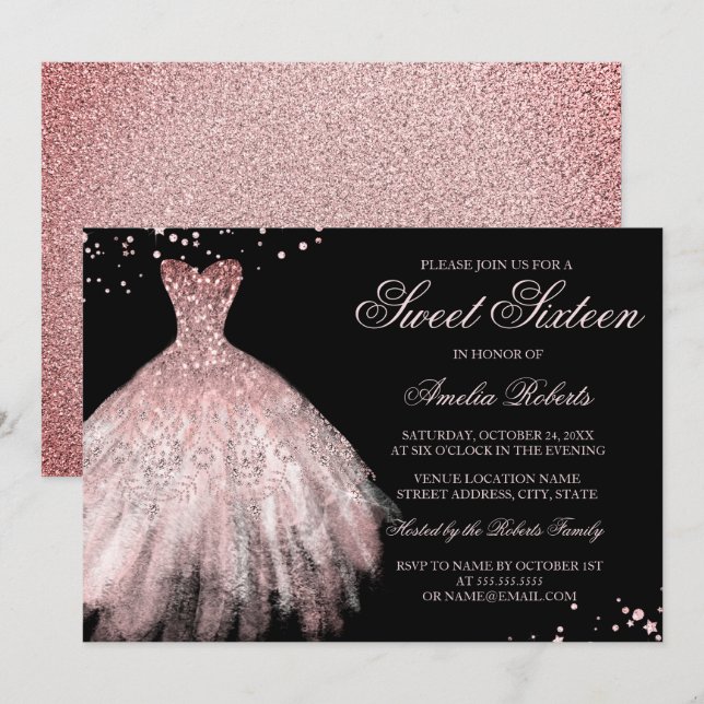 Sparkle Dress Rose Gold Sweet Sixteen Invitation (Front/Back)