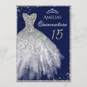 Sparkle Dress Silver Navy Quinceanera Invitation