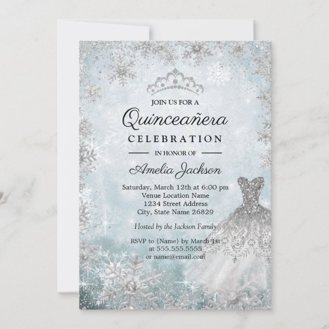 Sparkle Dress Snowflakes Blue Winter Quinceanera Invitation (Front)