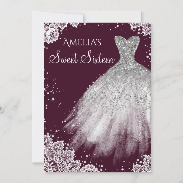 Sparkle Dress White Lace Burgundy Sweet Sixteen Invitation (Front)