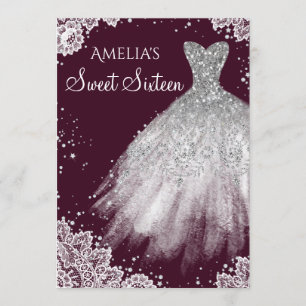 Sparkle Dress White Lace Burgundy Sweet Sixteen Invitation