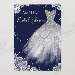Sparkle Dress White Lace Navy Bridal Shower Invitation