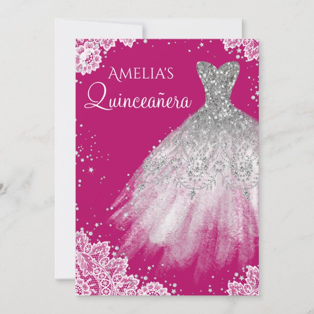Sparkle Dress White Lace Pink Quinceanera Invitation (Front)