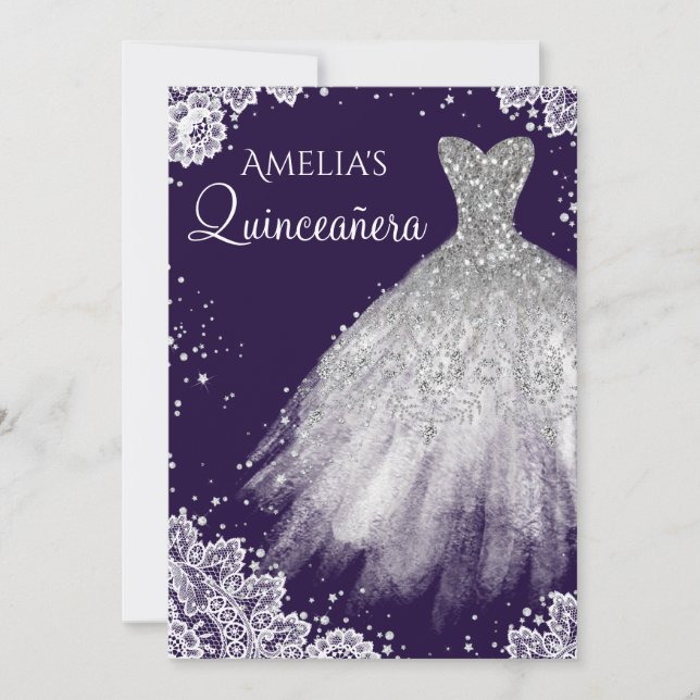 Sparkle Dress White Lace Purple Quinceanera Invitation (Front)