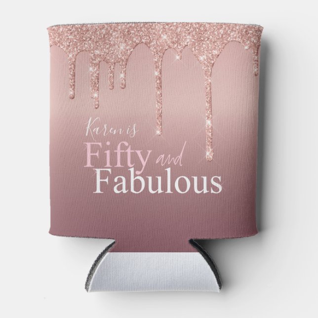 Sparkle Fifty and Fabulous Pink Glitter Birthday Can Cooler (Front)