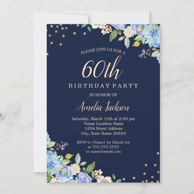 Sparkle Floral Blue 60th Birthday Party Invitation (Front)