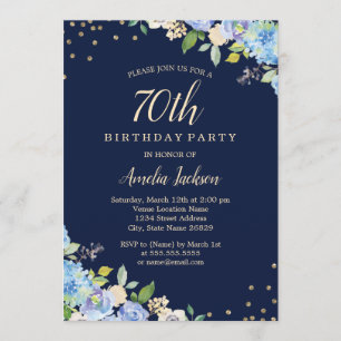 Sparkle Floral Blue 70th Birthday Party Invitation