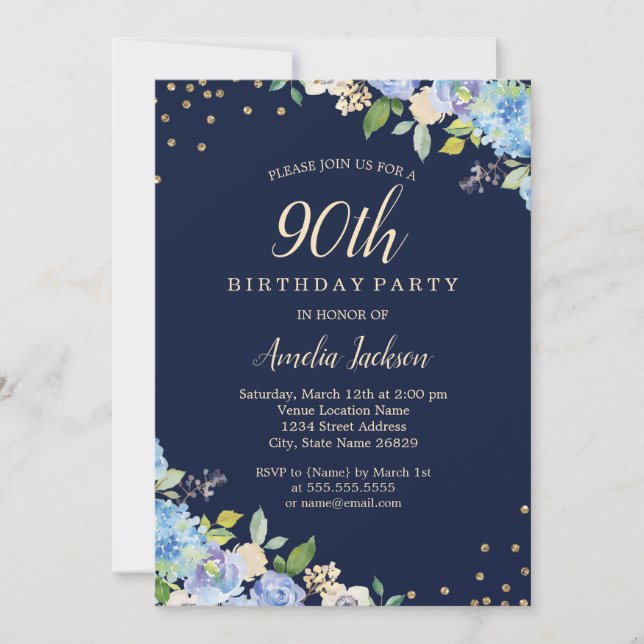 Sparkle Floral Blue 90th Birthday Party Invitation (Front)
