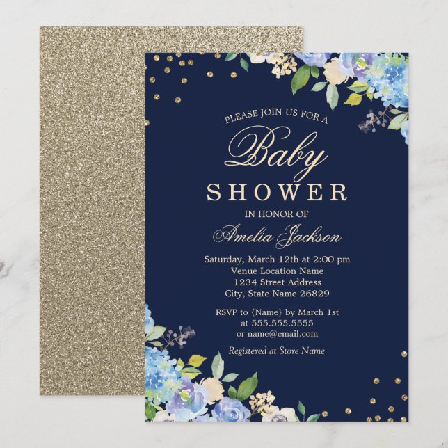 Sparkle Floral Blue Gold Boy Baby Shower Invitation (Front/Back)