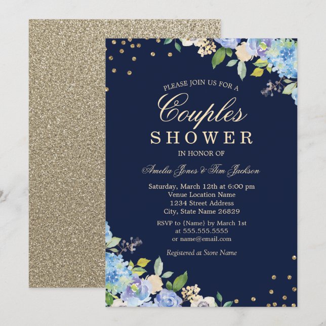 Sparkle Floral Blue Gold Couples Shower Invitation (Front/Back)