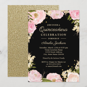 Sparkle Floral Gold Pink Black Quinceanera Invitation