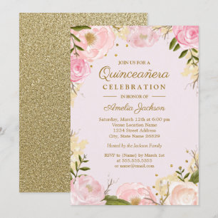 Sparkle Floral Gold Pink Quinceanera Invitation