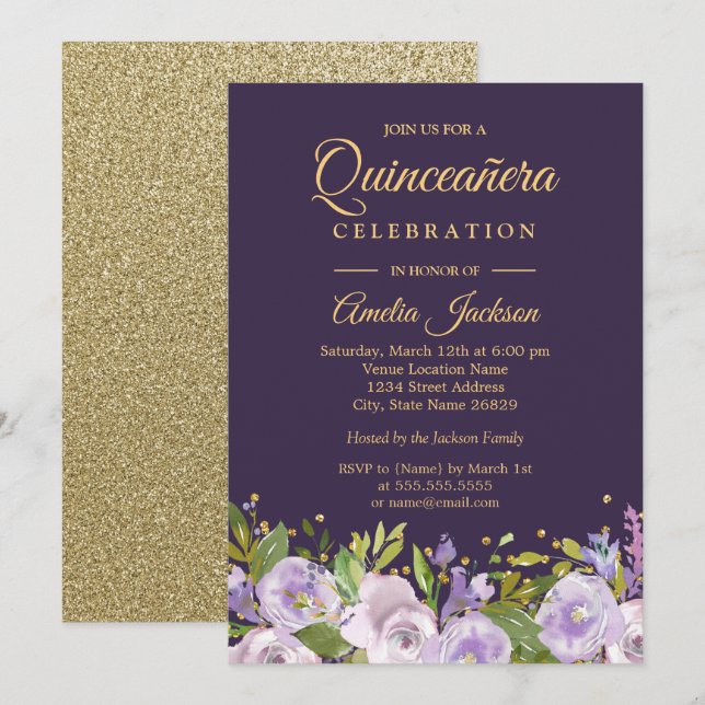 Sparkle Floral Gold Purple Quinceanera Invitation (Front/Back)