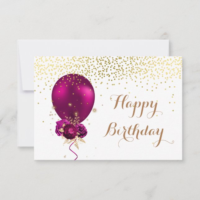 Sparkle Floral Happy Birthday Balloon Note Card (Front)
